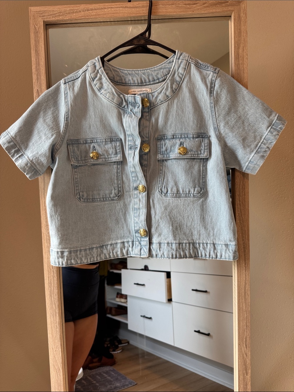 Light Blue Denim Button-Front Crop Shirt with Gold Buttons